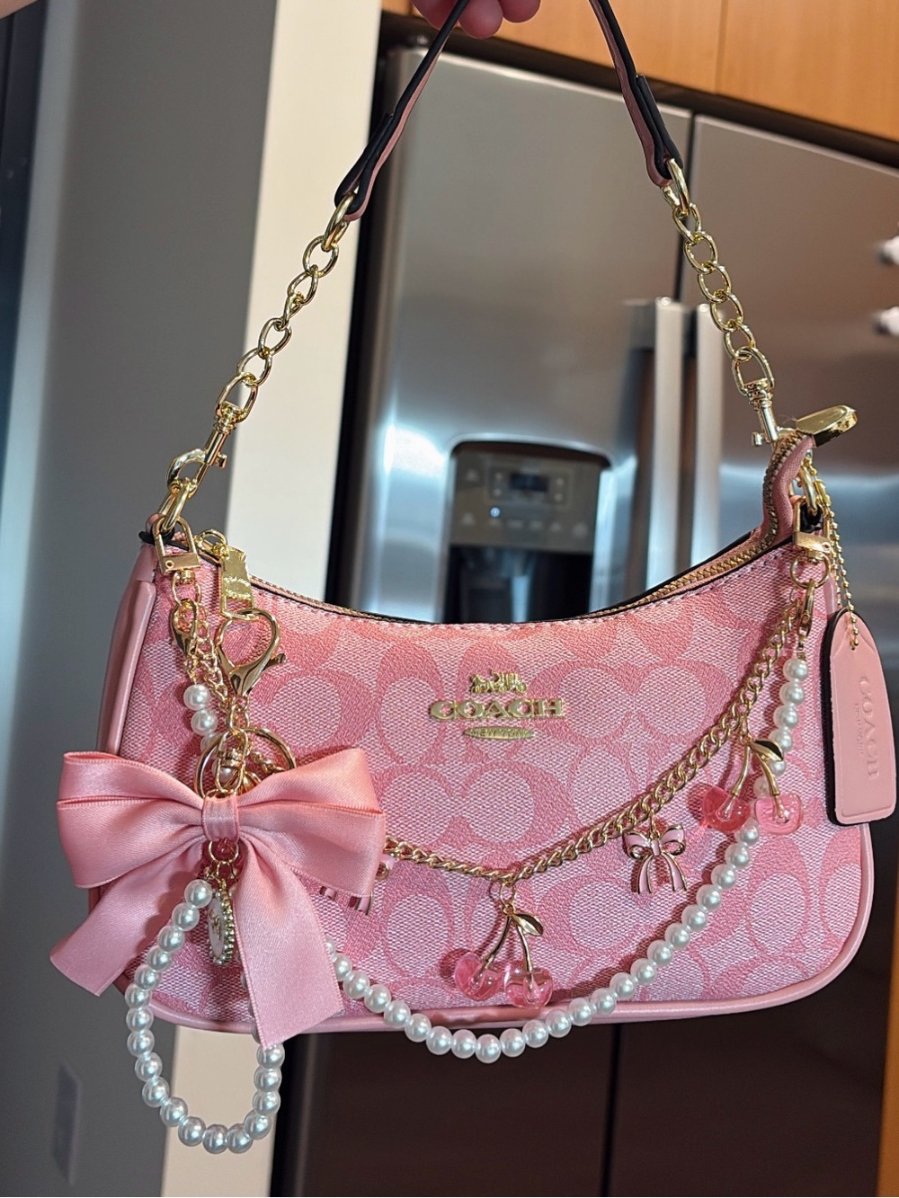 COACH Pink Signature Cherry Charm Shoulder Bag with Pearls & Bow